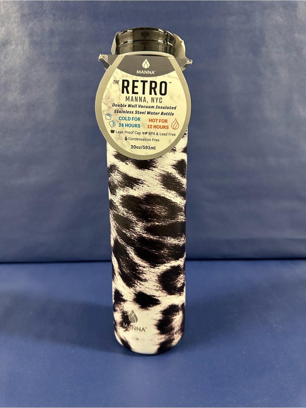 Manna Retro Stainless Steel 20 oz. Water Bottle - Black & White Animal Print NWT
